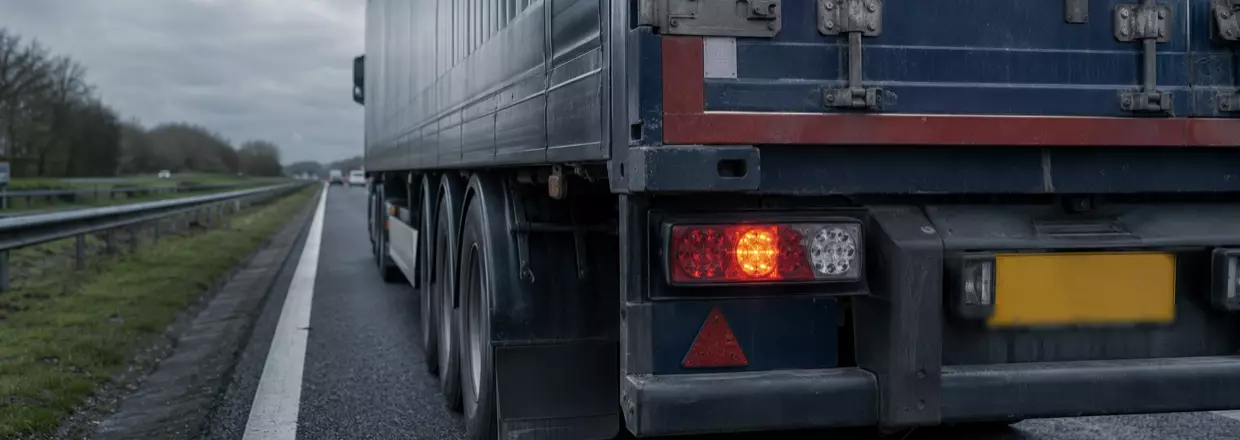 Tylny narożnik naczepy zatrzymanej na pasie awaryjnym — lampa zespolona, trójkąt odblaskowy i żółta tablica, w tle autostrada